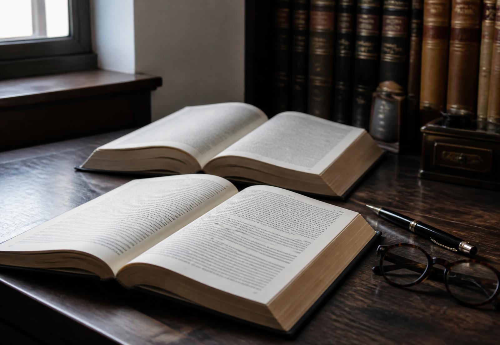 Mesa de trabalho com livros de direito abertos, caneta e óculos sob luz natural